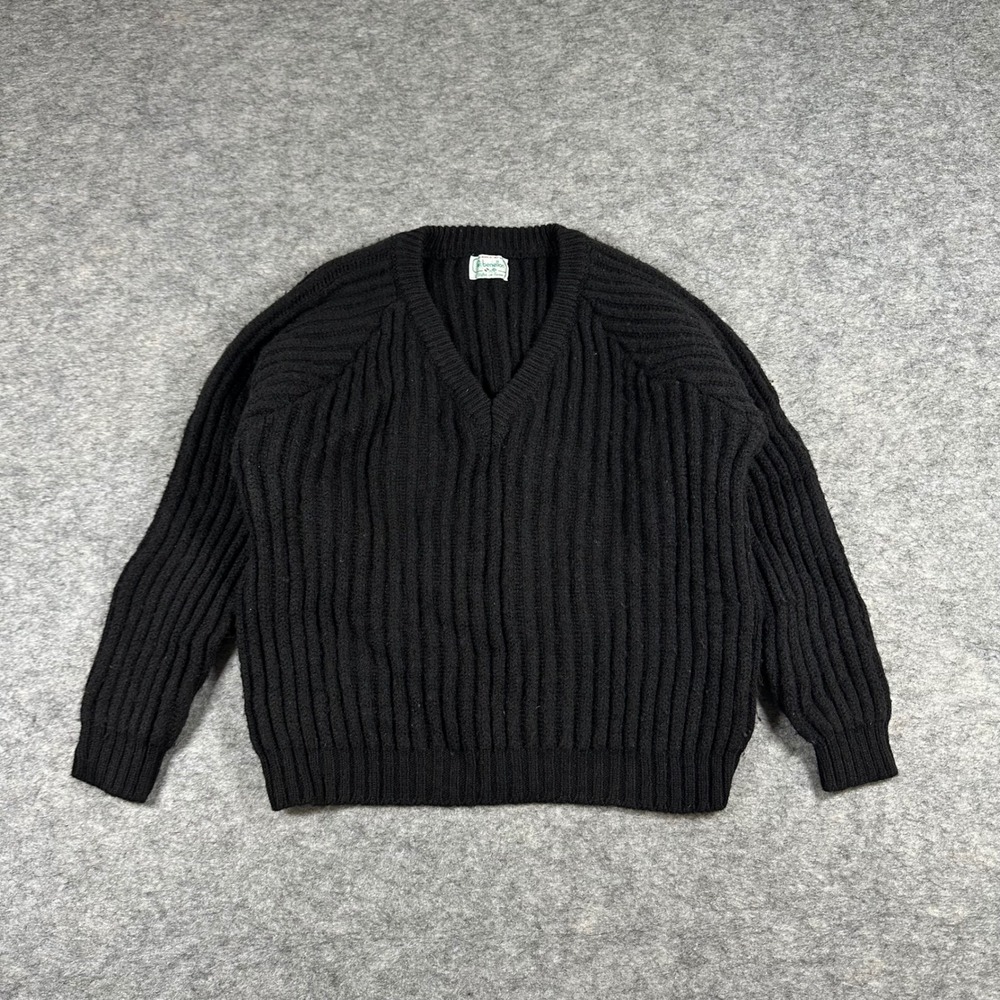 VTG Benetton V-Neck Sweater Womens 44 Black Good Ribbed Wool Blend Made in Italy
